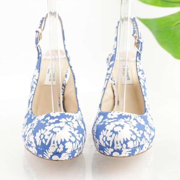 LK Bennett Women Clemmie Pump Size 38.5 8.5 Blue White Floral Slingback Platform - Picture 2 of 16